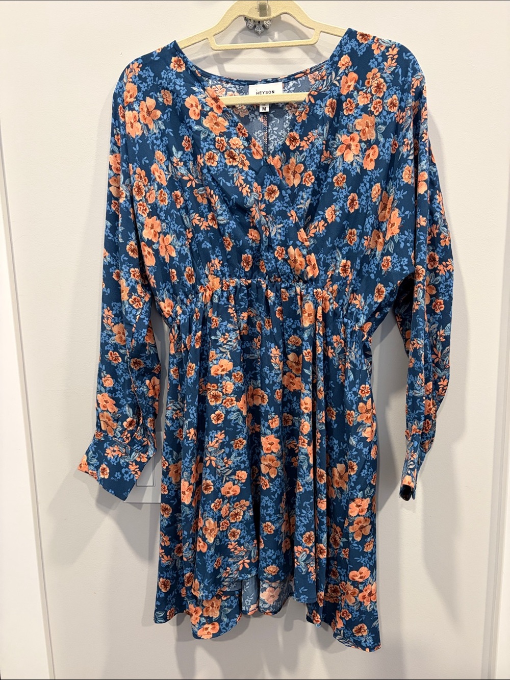 Blue Floral Long-Sleeve Mini Dress with Peach Blooms